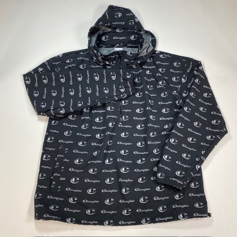 Champion Mens V9054P All Over Logo Anorak Windbreaker Black White Medium‎